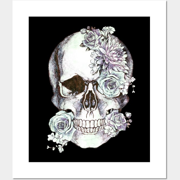 Floral Skull antiche white roses and peony Wall Art by Collagedream